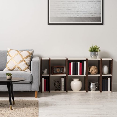 IRIS USA, Inc. 2-Tier Cubby Storage Bookshelf with Adjustable Shelves, 12" Width Stackable Easy Assembly Space Saving Shelving Unit Bookcase, Walnut Brown/White