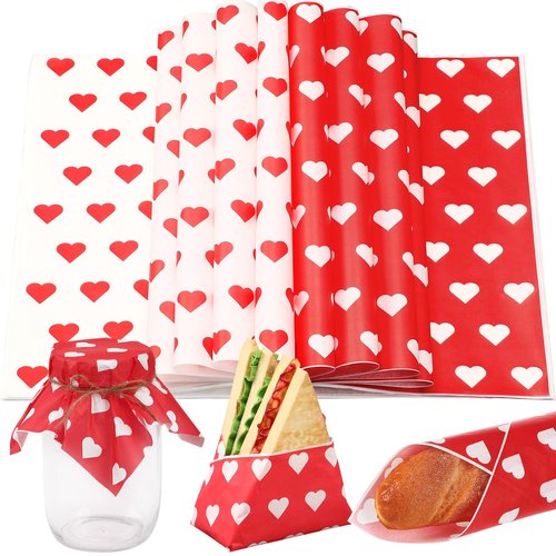 FoldTier 100 Pcs Valentine's Day Wax Paper Sheets for Food Wrapping 12x12 Inch Deli Paper Sheets Greaseproof Parchment Papers Food Basket Liners for Sandwich Burgers Fries (Classic, Red, White)
