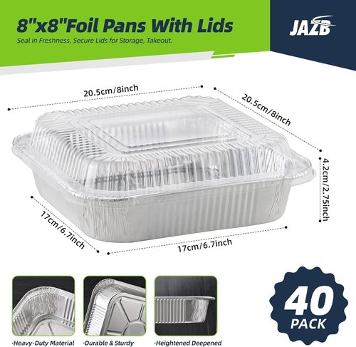 Jazb 8x8 Square Aluminum Foil Pans with Clear Plastic Lids - 40PCS Disposable Baking Pans for Food Storage & Cooking