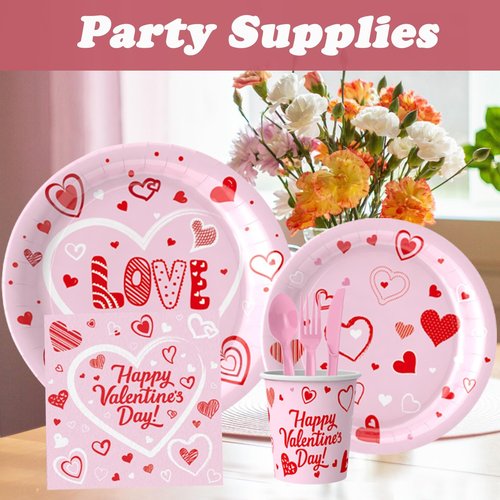 JIEFULL 112 Pcs Valentine's Day Party Tableware, Hot Heart Love Disposable Paper Party Plates and Cups and Napkins Sets Serves 16 for Wedding, Gatherings, Engagements, Anniversary Party Supplies(Pink)