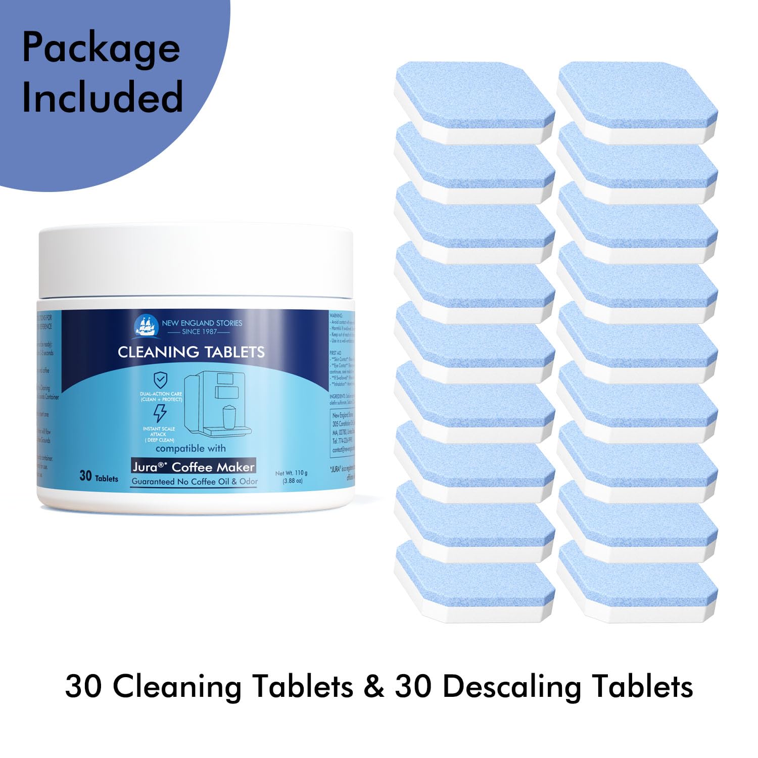 New England Stories Jura Compatible 30 Cleaning + 30 Descaling Tablets Kit - Clean Coffee Oils & Remove Limescale for Coffee Machines