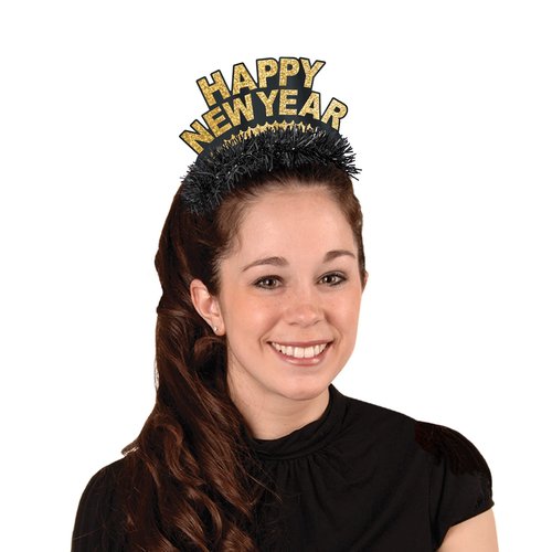Beistle Black and Gold Happy New Year Regal Tiaras – 50-Pack Glittered NYE Headbands with Metallic Fringe and Crown Design for Midnight Celebrations, Countdown Events and HNY Party Supplies