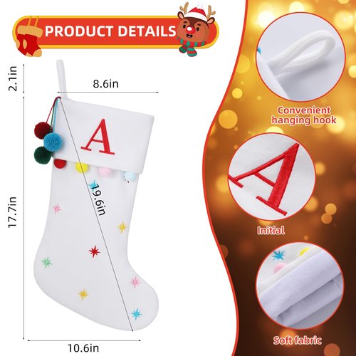 SIRIPHUM 19.5 Inches Initial Monogram White Christmas Stocking Personalized, Embroidered Letter Fleece Christmas Stocking with pom poms Decoration for Family Christmas Holiday Party Decor-A