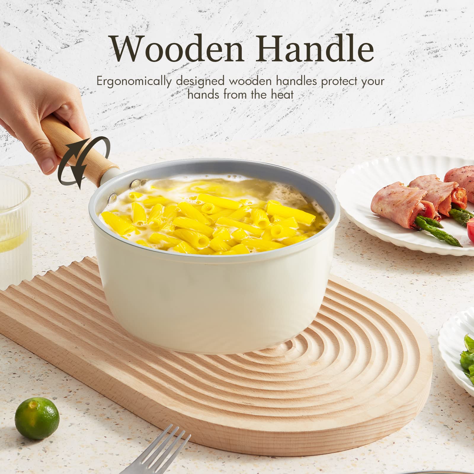 ROCKURWOK Ceramic Nonstick Sauce Pan with Lid, 1.5 Qt Small Pots for Cooking, Small Pot Wooden Handle for Cool Touch, Non Toxic & Pfas-Free Saucepan, Universal Base(Gas, Electric & Induction), White