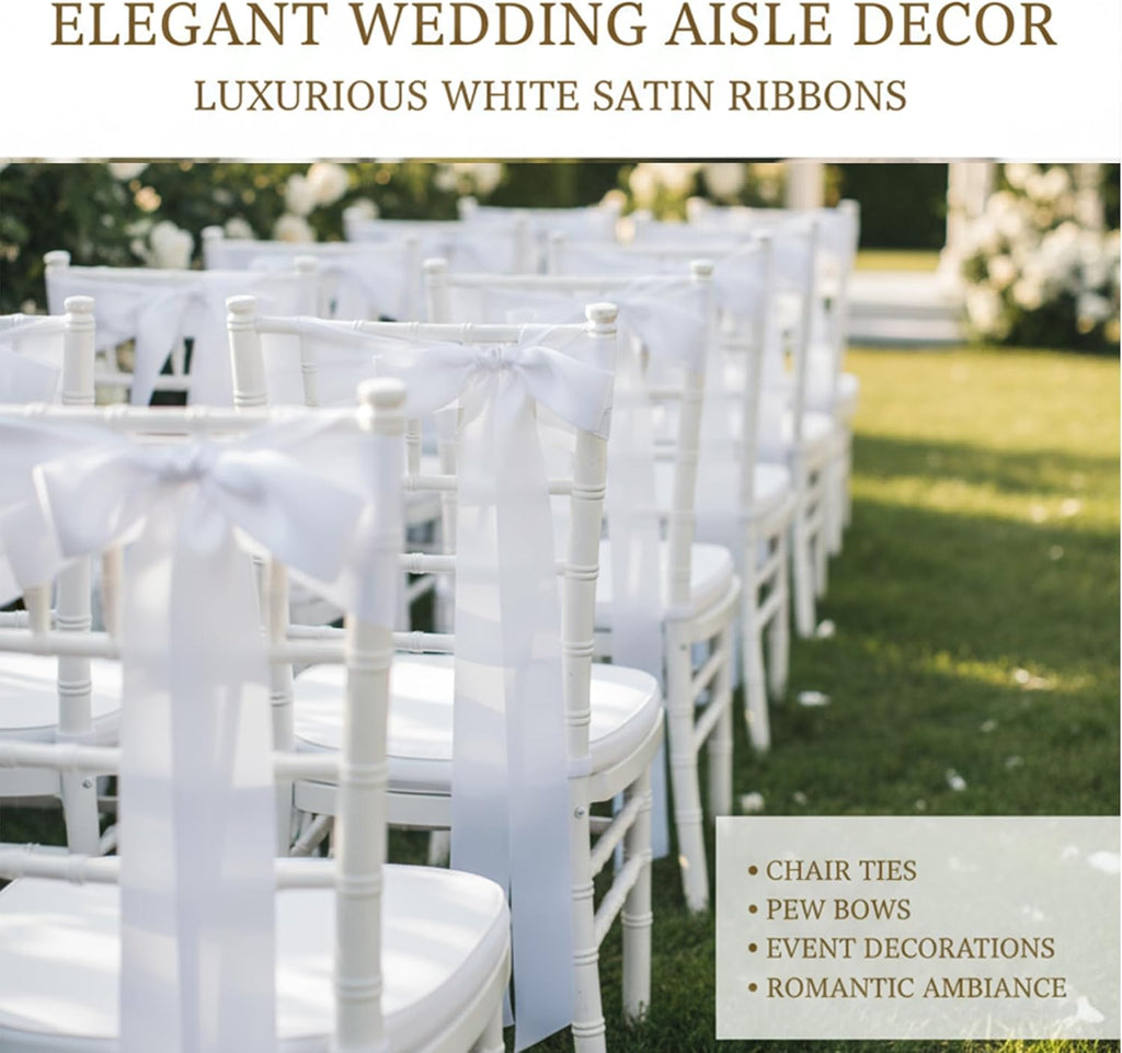 Skiennix Wedding Ribbons - 30 Pcs Satin Chair Sashes for Aisle & Pew Decorations | 90.55"x1.96" White