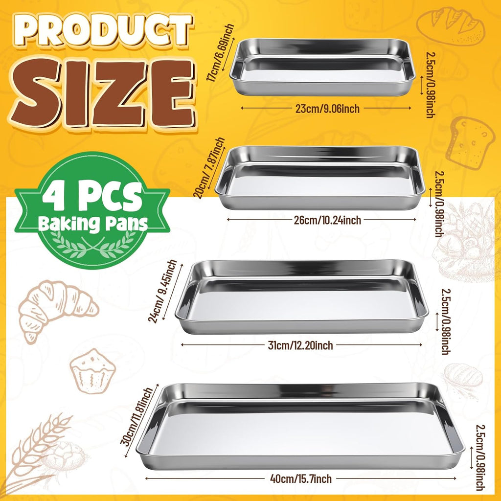 Skiennix Stainless Steel Baking Pans Set - Heavy Duty Non-Stick Cookie Sheets | 4 Pack, 9-16 Inch Sizes