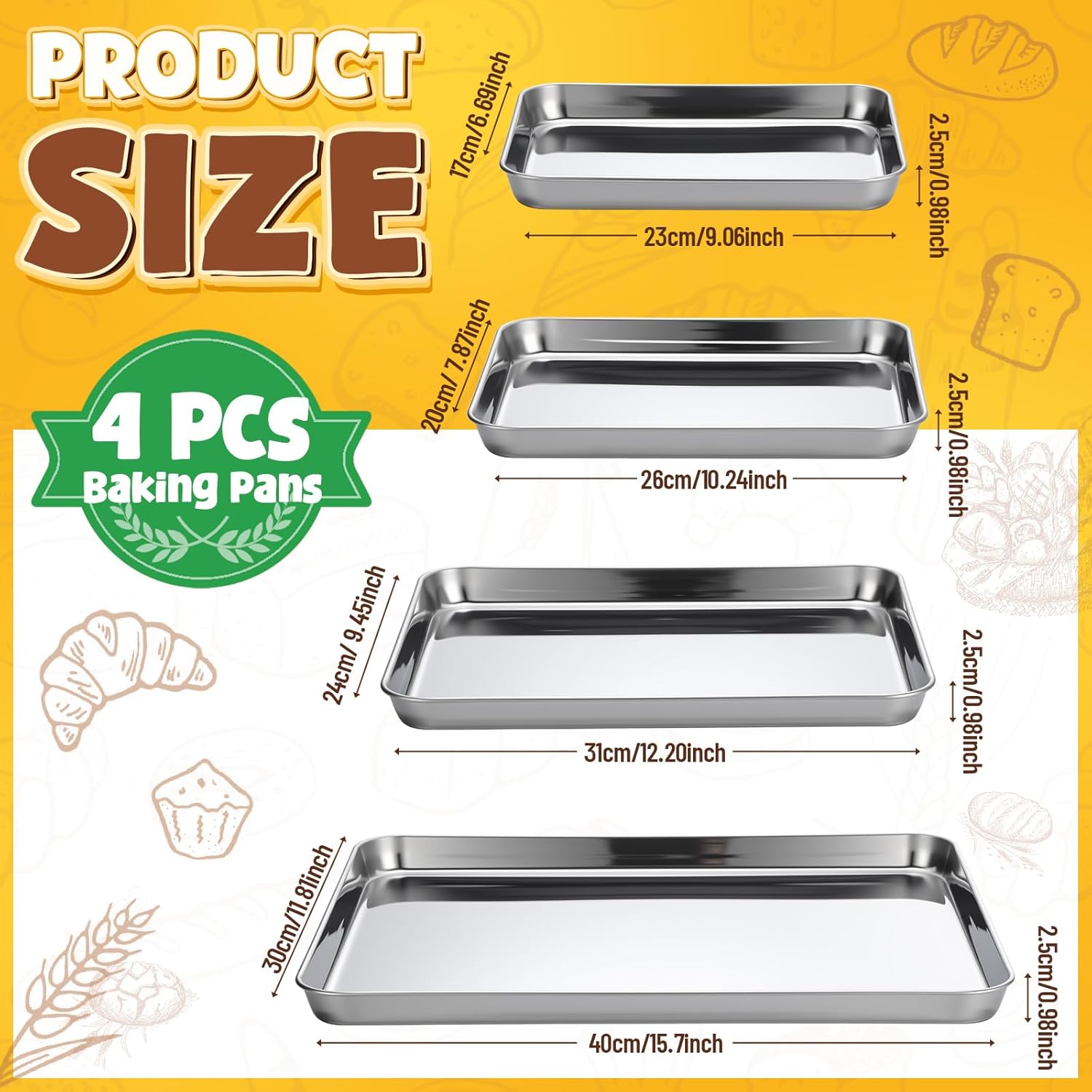 Skiennix Stainless Steel Baking Pans Set - Heavy Duty Non-Stick Cookie Sheets | 4 Pack, 9-16 Inch Sizes