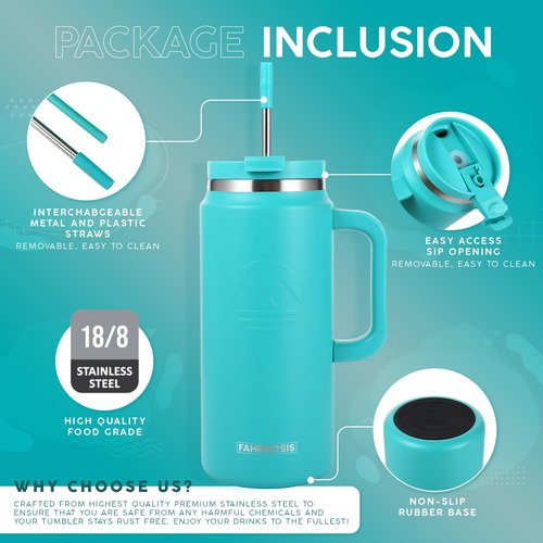 FAHRMOSIS 64 Oz Tumbler with Handle and Straw Half Gallon Water Bottle Stainless Steel Travel Mug for Hot & Cold Drinks, Reusable Water Bottle with Lids and Straw - Teal
