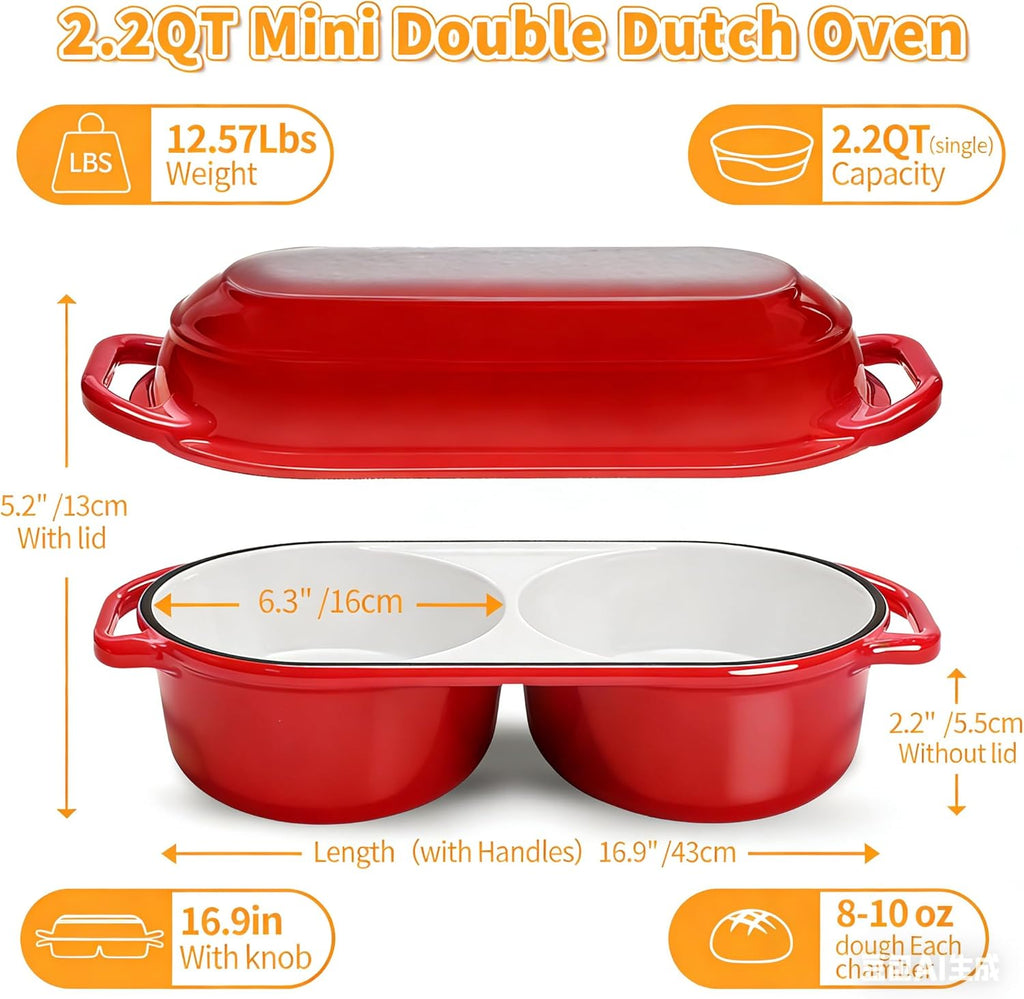 Skiennix Mini Double Dutch Oven - 2.2QT Enameled Cast Iron Pot with Lid | Non-Stick Sourdough Baking Pan