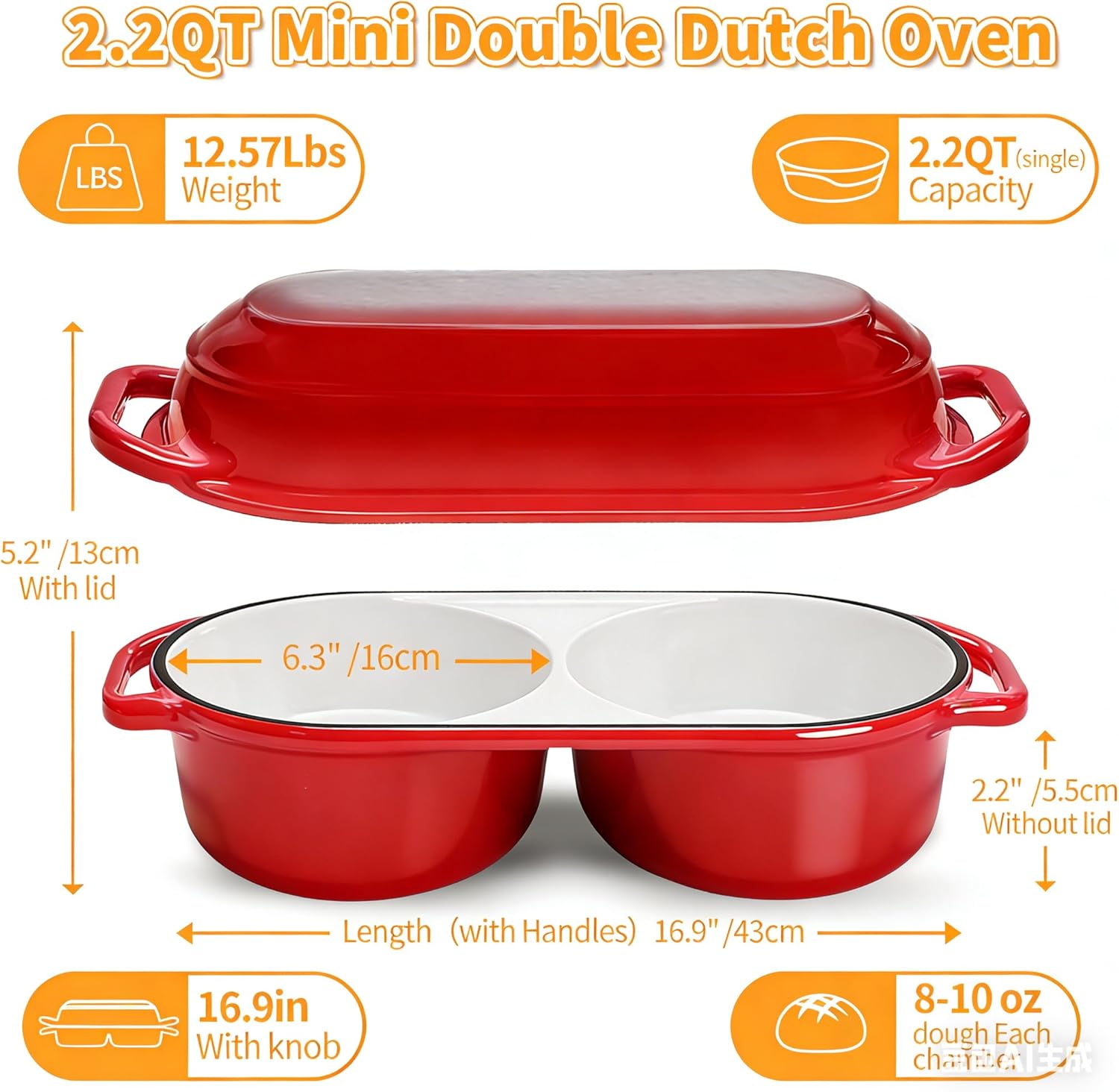 Skiennix Mini Double Dutch Oven - 2.2QT Enameled Cast Iron Pot with Lid | Non-Stick Sourdough Baking Pan