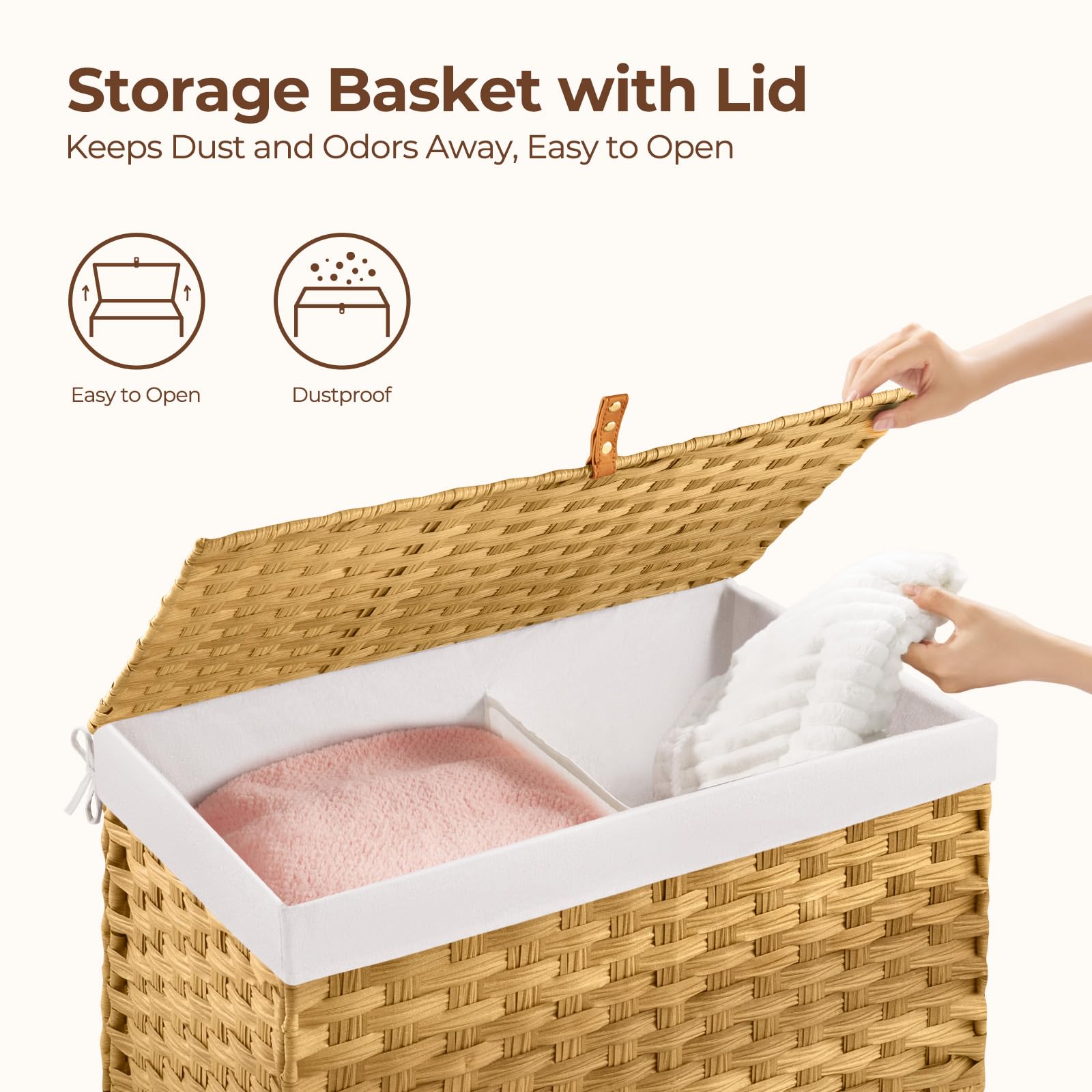 GREENSTELL Storage Basket with Lid, 27.7 Gallon(105L) Lagre Wicker Blanket Storage Basket with Handles, Foldable, 2 Removable Liner Bags, Metal Frame, for Bedroom, Laundry Room, Natural