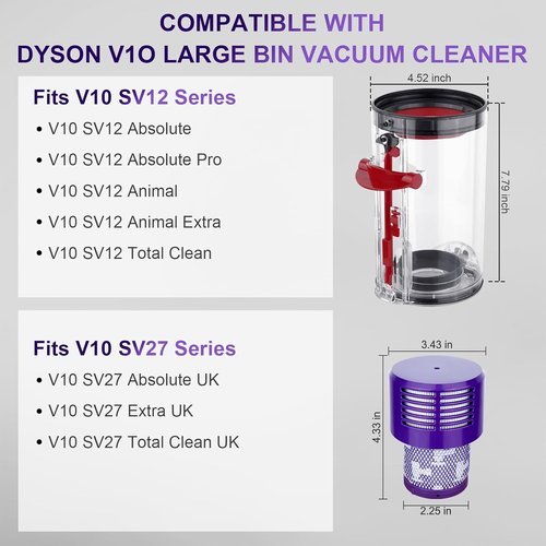 Dyson Large Bin Replacement & Filter - Compatible with V10 SV12 Animal/Absolute Models | No. 969509-01 & 969082-01