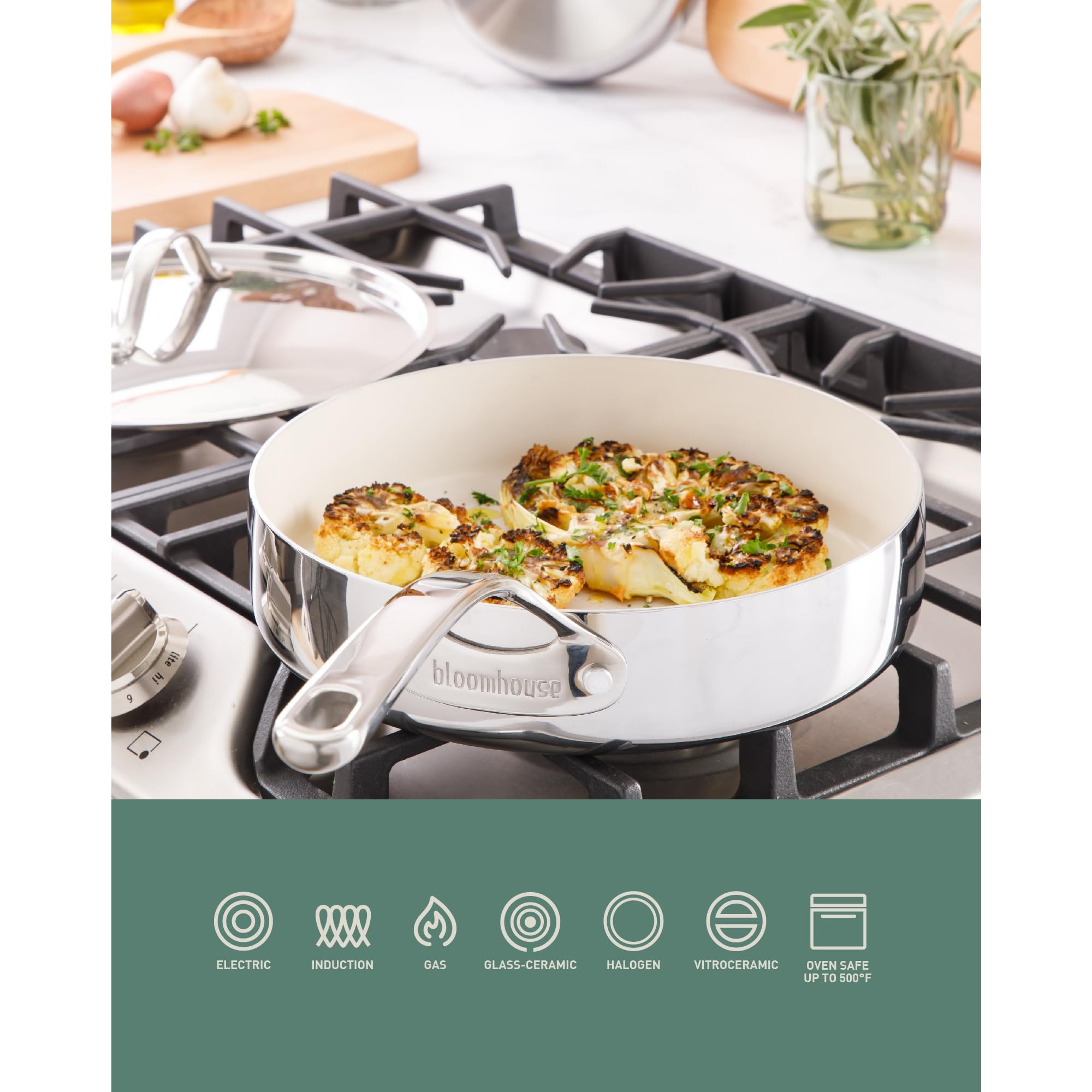 Bloomhouse - Two Time Oprah's Favorite Things Winner - 10 Inch Triply Stainless Steel Fry Pan W/Lid W/Non-Stick Non-Toxic Pro Ceramic Interior Frying Pan