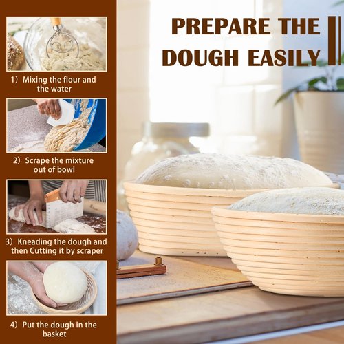P&P CHEF Sourdough Bread Baking Supplies, 9” Round & 10” Oval Sourdough Proofing Baskets Starter Kit, Bread Making Tool Set with Cloth Liner Bread Lame Scraper Brush Dough Whisk