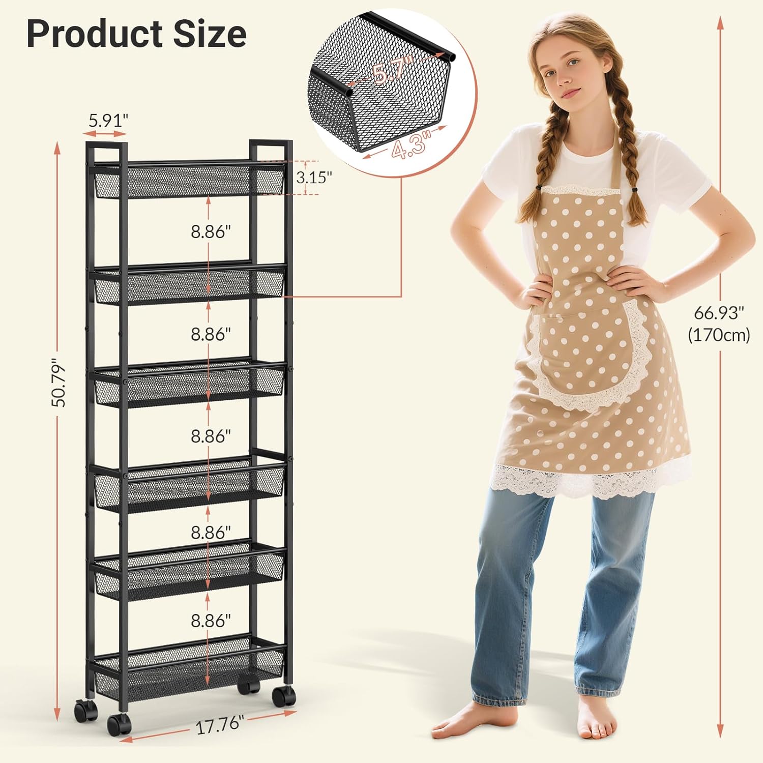 ThreeHio 6-Tier Slim Storage Cart - Mobile Metal Shelving Unit for Kitchen & Bathroom - Black, 6in Width