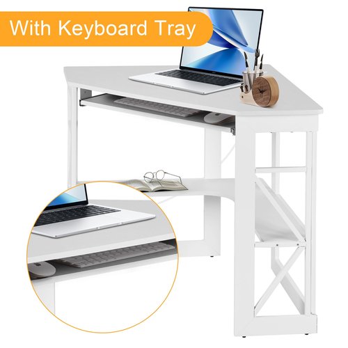 VECELO Corner Computer Desk 41x30 inches with Charging Station & Keyboard & Storage Shelves for Small Space,Triangle Table for Home Office Bedroom,White