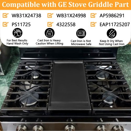 WB31X24738 Griddle Replacement for GE Gas Stove- Heavy Duty Cast Iron Center Griddle Plate for General Electric Gas Range, Replaces WB31X24998 AP5986291 PS11725 Griddle Plate Flat Top Pan
