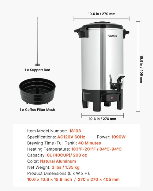 VEVOR Commercial Coffee Urn, 40 Cup 203oz Hot Beverage Dispenser with Dripless Faucet, 1090W Quick-Brewing Coffee Maker, Automatic Temperature Control, for Catering, Party, Church & Restaurant