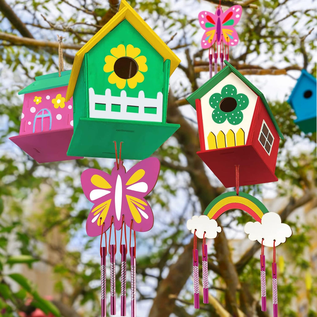 Skiennix DIY Bird House Kit - 4 Pack Wooden Arts & Crafts for Kids Ages 4-8 | Fun Build & Paint Activity