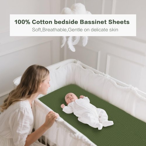 Coreeky Muslin Bedside Sleeper Bassinet Fitted Sheets, 3 Pack Cotton Baby Sheet for Boys & Girls, Soft, Compatible with Baby Delight, Dream On Me, AMKE and Other Rectangle Mattress (Leaf Green)