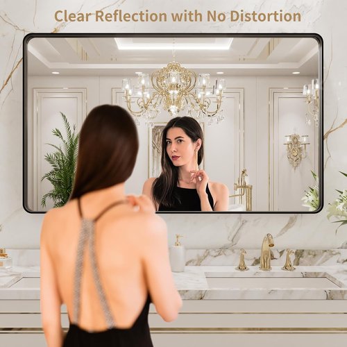 LOAAO Black Metal Framed Bathroom Mirror - 40x24 Inch Rounded Rectangle, Anti-Rust, Versatile Hanging Options