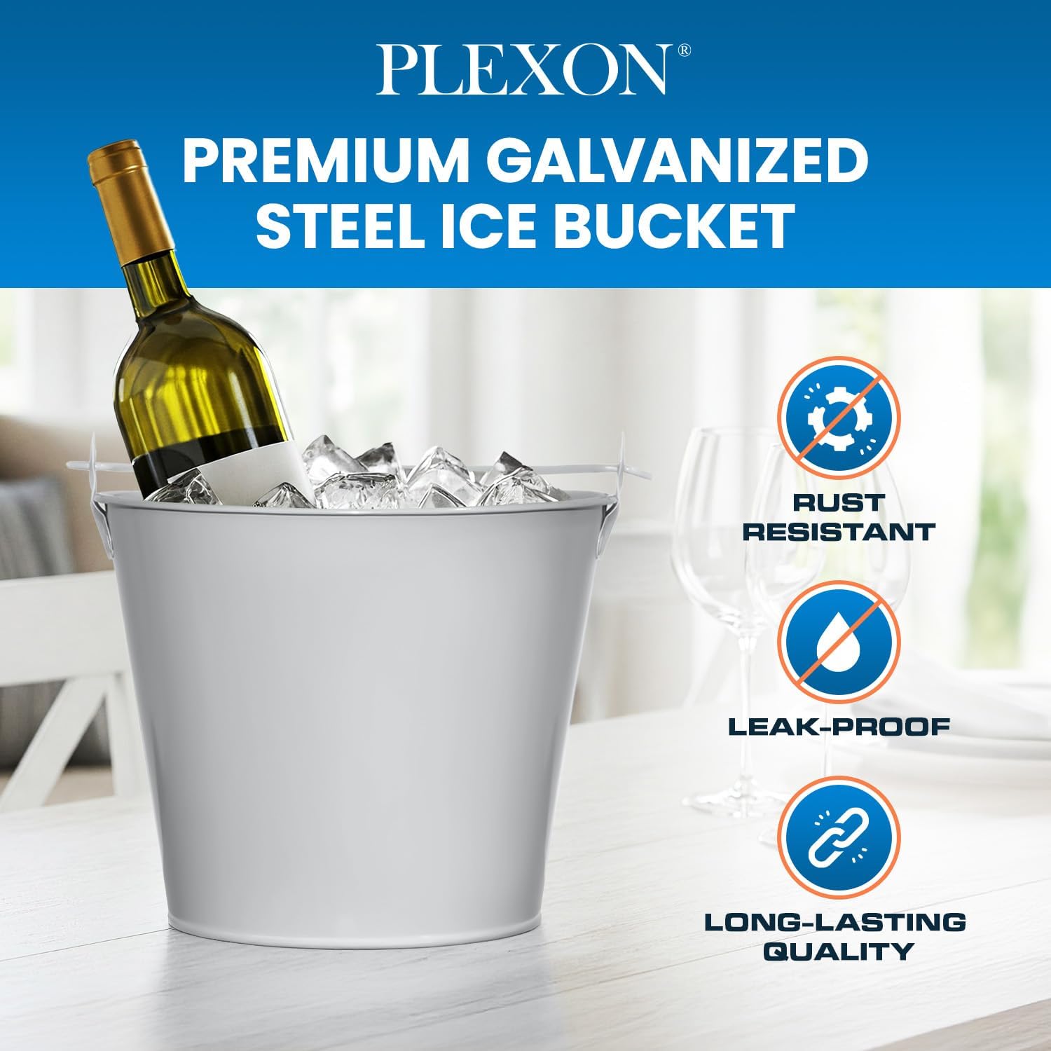 PLEXON Ice Bucket for Parties Coctail Bar Restaurant - Drink Beer Champagne Metal Pail Bucket with Handle, Beverage Chiller, 1.3 Gallon, Galvanized Steel, Gray, Set of 2
