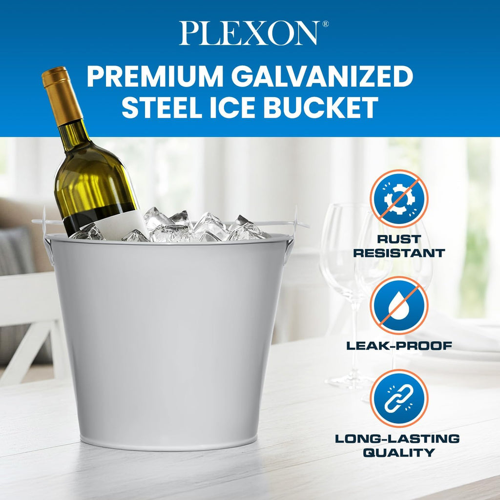 PLEXON Ice Bucket for Parties Coctail Bar Restaurant - Drink Beer Champagne Metal Pail Bucket with Handle, Beverage Chiller, 1.3 Gallon, Galvanized Steel, Gray, Set of 3