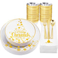 Hioasis 175pcs HChristmas Plastic Plates - Elegant Disposable Dinnerware Set Suitable for 25 Guests Include 10.25" Dinner & 7.5" Dessert Plates, Knives,Forks,Spoons, Cups,Napkins for Christmas