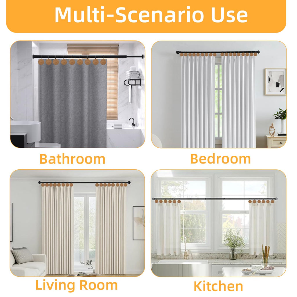 Shower Curtain Hooks, Wood Decorative Shower Curtain Rings, Modern Round Log Shower Curtain Hangers, 12PCS Metal Shower Hooks for Shower Curtain Rod, Bathroom, Bedroom, Living Room (Black)