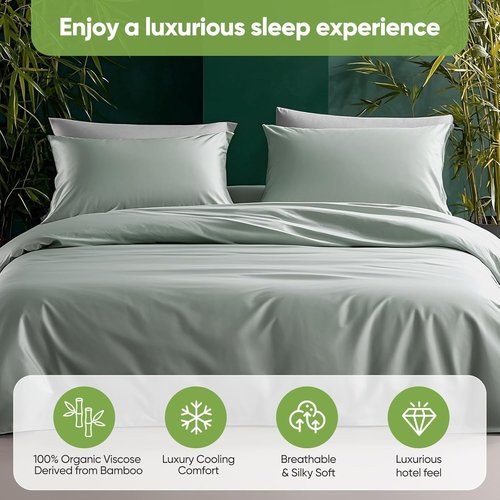TWK Luxury Sheet Set, Genuine 100% Organic Viscose Derived from Bamboo, Cooling & Breathable, Silky Soft, Bedding Sheets & Pillowcases (Sea Glass, King)