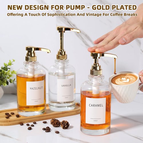 ALPIRIRAL Coffee Syrup Dispenser, Glass Syrup Pump Dispenser for Coffee Bar Accessories, Maple Syrup Bottles with Tray, 16.9 fl oz Simple Syrup Bottles with 1/4oz Large Capacity Gold Pump