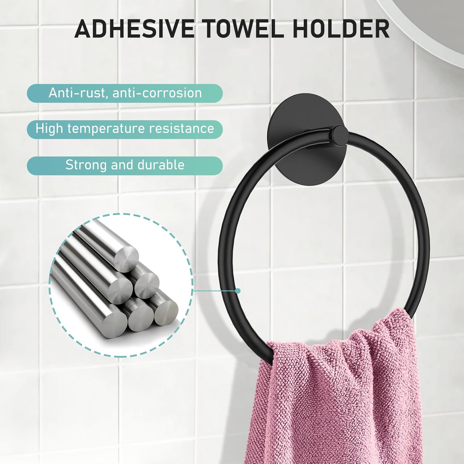 SetSail Adhesive Towel Holder - Matte Black Stainless Steel Hand Towel Ring for Bathroom & Kitchen