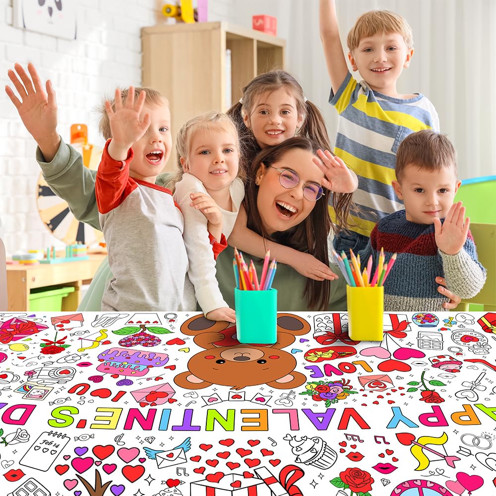 Valentines Tablecloth Decorations, Valentines Crafts for Kids, Essentials Valentine Day Coloring Games Activities Gifts Poster Banner Table Cover for Valentine Children Family School Party Decor