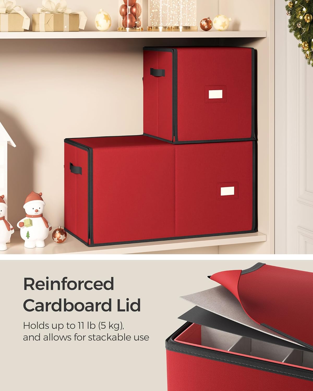 SONGMICS Large Christmas Ornament Storage Box - Stackable Container with 8 Drawer Trays, 128 Slots, Cherry Red