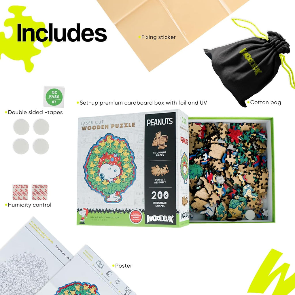 Peanuts Christmas Snoopy Puzzle - Unique 200-Piece Wooden Jigsaw with Woodstock Design | 11.1" x 13.1" - Officially Licensed