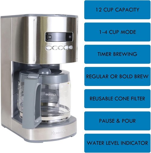 Koolatron Kenmore Elite 12-Cup Programmable Coffee Maker - Auto Shut-Off, Reusable Filter, Glass Pot