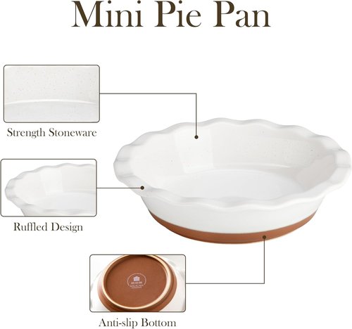 MALACASA Ceramic Mini Pie Pans - Set of 6 Ruffled Edge 6-Inch Baking Dishes | Microwave & Oven Safe, Khaki White