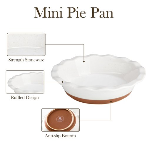 MALACASA Ceramic Mini Pie Pans Set of 6, 6 Inch Pie Plates for Baking with Ruffled Edge, Small Quiche Baking Dish Pans Tart Pans, Individual Pot Pie Plates, Microwave & Oven Safe, Khaki White