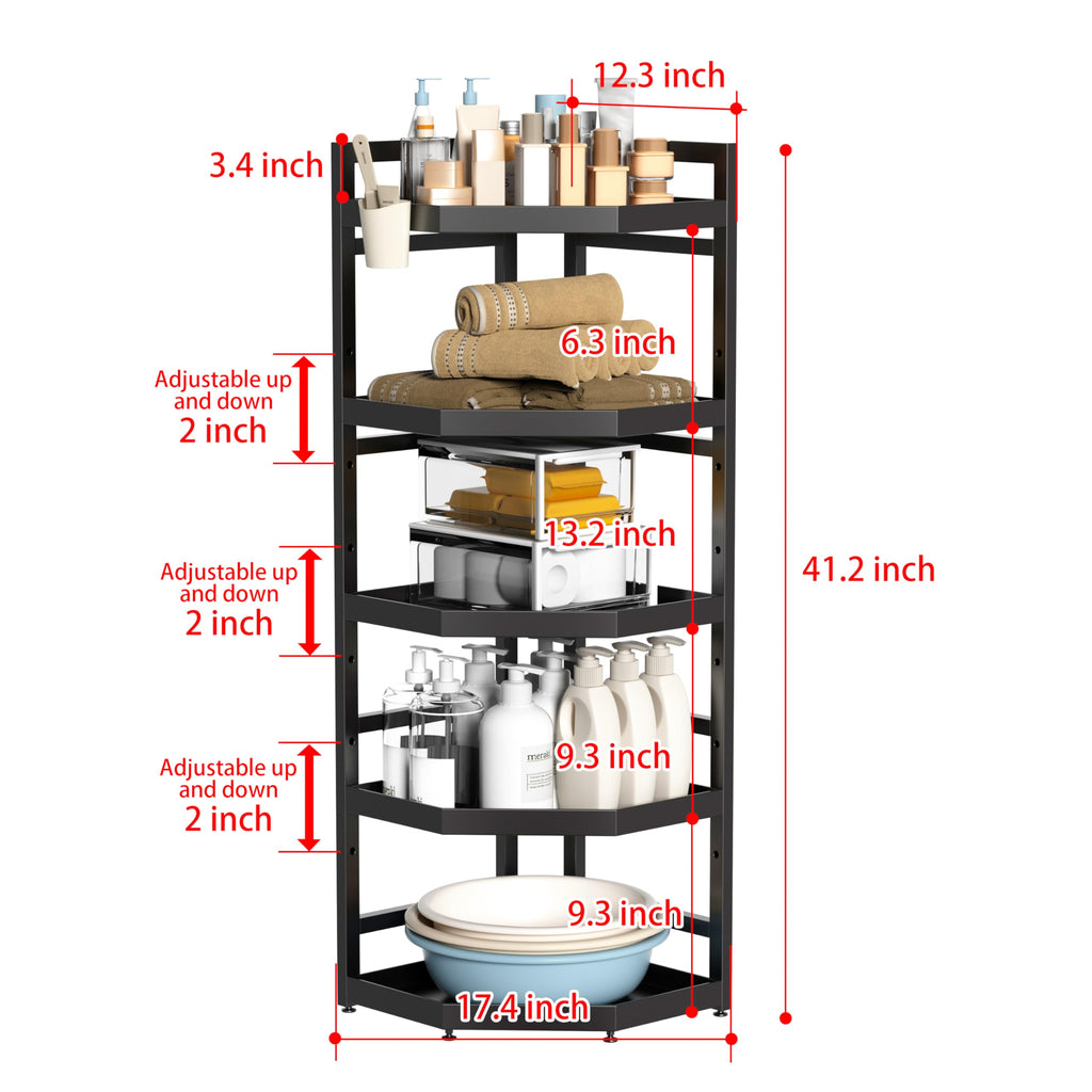Serxis 5 Tier Standing Corner Shower Caddy,Waterproof and Rust Proof,Adjustable Height,Multi-functional Tiered Storage for Shower Gel,Shampoo,Cosmetics,Kitchen Supplies,Black