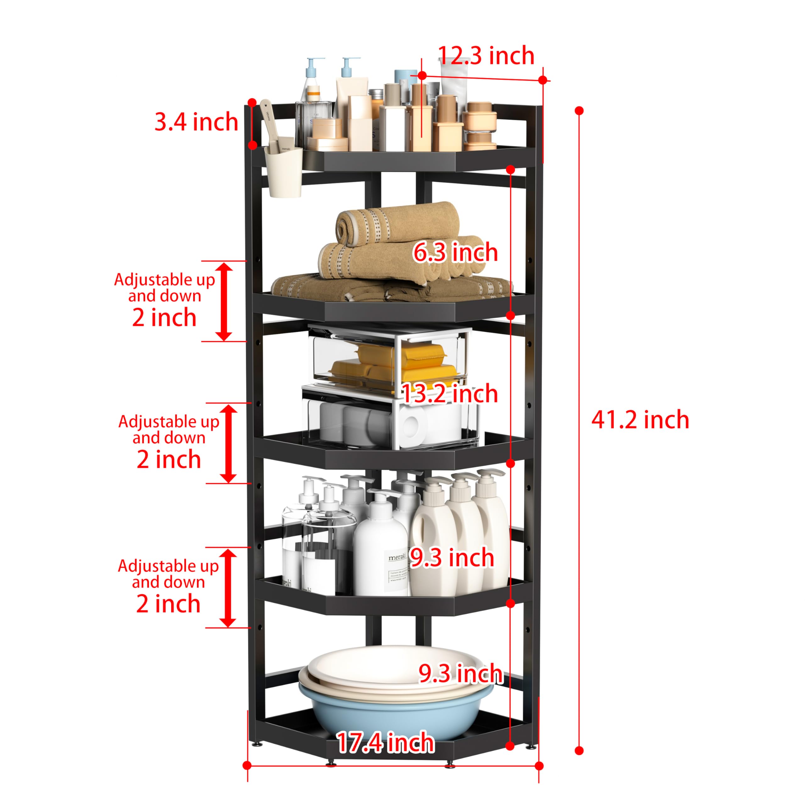 Serxis 5 Tier Standing Corner Shower Caddy,Waterproof and Rust Proof,Adjustable Height,Multi-functional Tiered Storage for Shower Gel,Shampoo,Cosmetics,Kitchen Supplies,Black