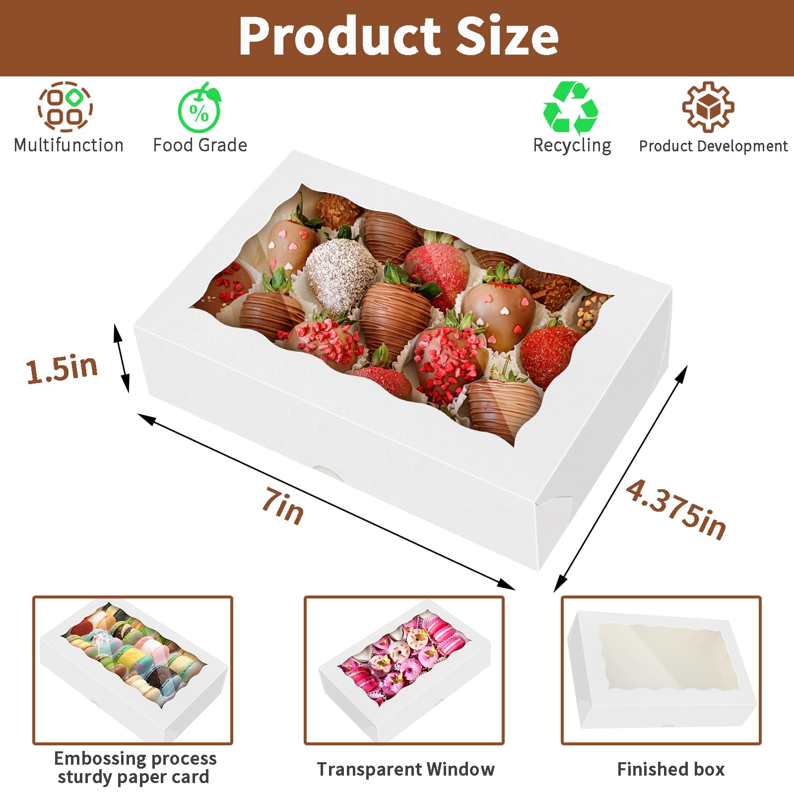 HONGFAPK 30Pcs 7" x 4 3/8" x 1 1/2" inches,Bakery Boxes with Window, Cookie Boxes, Chocolate Covered Strawberries, Treat Boxes, Dessert Boxes for Party Favors Wedding Christmas