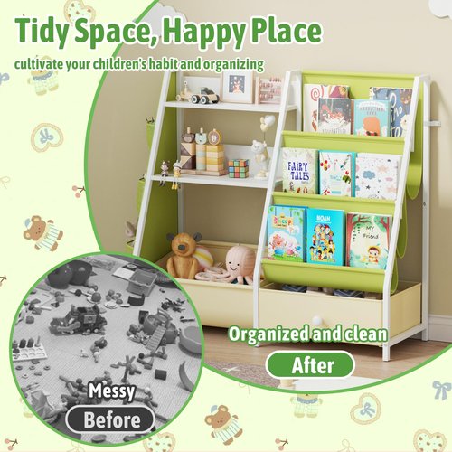 Kids Bookshelf and Toy Organizer, 3 Tier Sling Book Shelf with Movable Bins, Toddler Montessori Bookcase for Kids Rooms, Playroom Storage Book Shelves for Nursery,Classroom, Kindergarten, Green