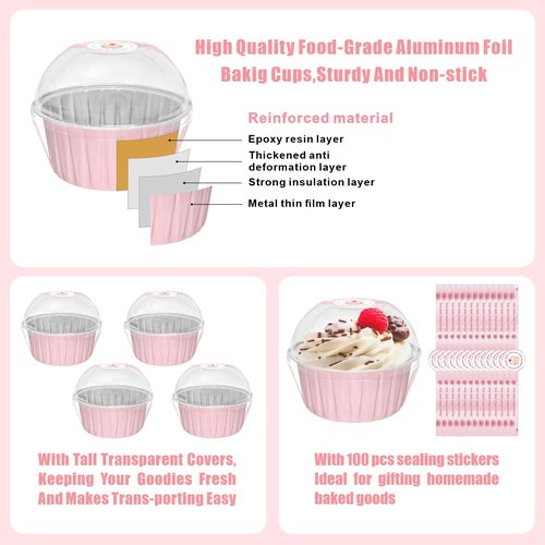 100 Pack 5oz Cupcake Pans with Dome Lids, Disposable Ramekin Cupcake Liners,Reusable Mini Muffin Case Dessert Containers for Birthday Wedding Party - Pink