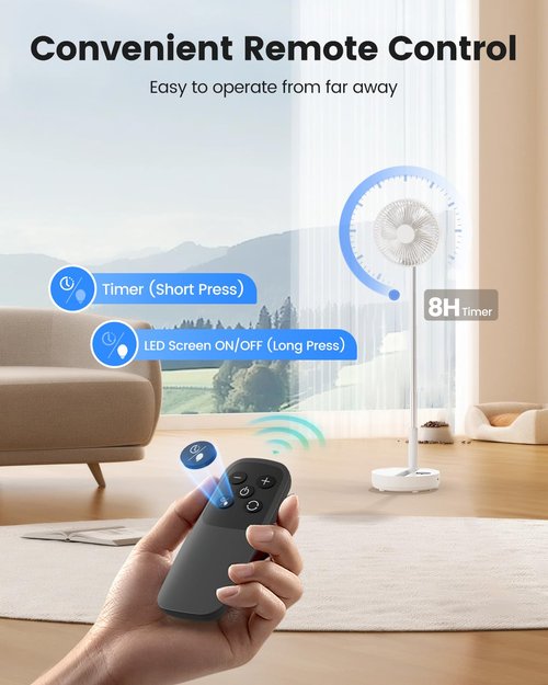 Edvision 8" Portable Oscillating Standing Fan, 8000mAh Rechargeable Pedestal Fan with Remote, Foldable Quiet Travel Fan, 8H Timer, Height Adjustable, Floor & Desk fan for Bedroom, Camping, Office