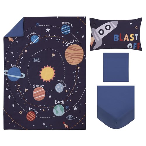 NoJo Everything Kids Solar System Navy, Orange, and Yellow Blast Off 4 Piece Toddler Bed Set - Comforter, Fitted Bottom Sheet, Flat Top Sheet, and Reversible Pillowcase