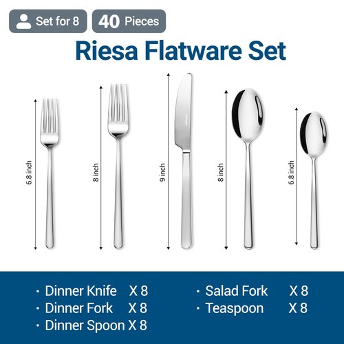 Stahlsmith Riesa Flatware Set for 8, 40-Piece 18/10 Stainless Steel Silverware Set, Modern Cutlery Set with Mirror Finish, Dishwasher Safe Kitchen Utensils, Mother’s Day Gifts
