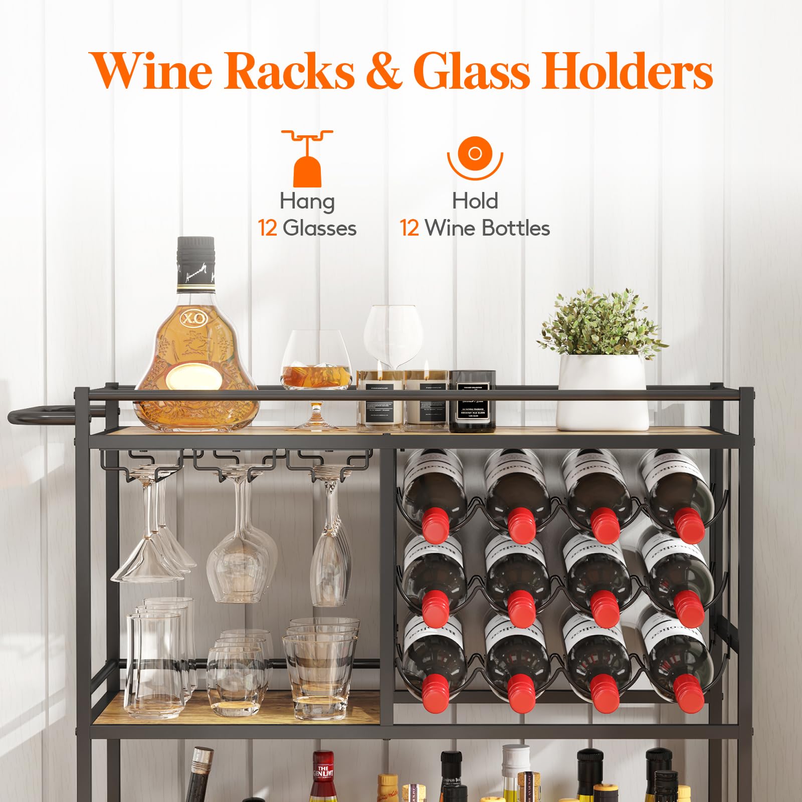 Lifewit Bar Cart for The Home, 3 Tier Drink Cart with Lockable Wheels, 12 Wine Rack and 3 Rows Glass Holders, Liquor Serving Cart for Livingroom, 80 x 33.2 x 86 cm/31.6 x 13.1 x 33.9 inch Rustic Brown