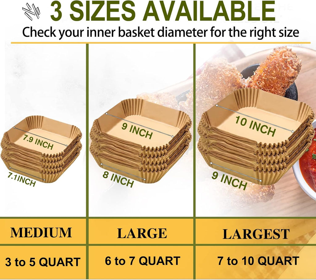 Skiennix 10-Inch Square Air Fryer Parchment Liners - XXL 100-Pack, Non-Stick Food Grade Baking Paper for Frying & Roasting
