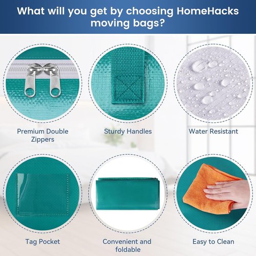 HomeHacks Heavy Duty Moving Boxes - Large Storage Bags with Sturdy Handles | 88L, 6-Pack, Green, Blue, Black