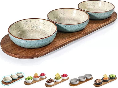 Artena 6oz Turquoise Ceramic Chips and Dip Platter - Acacia Wooden Tray & Small Bowls Set